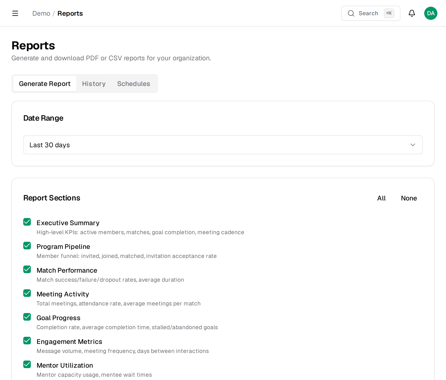 Reports page