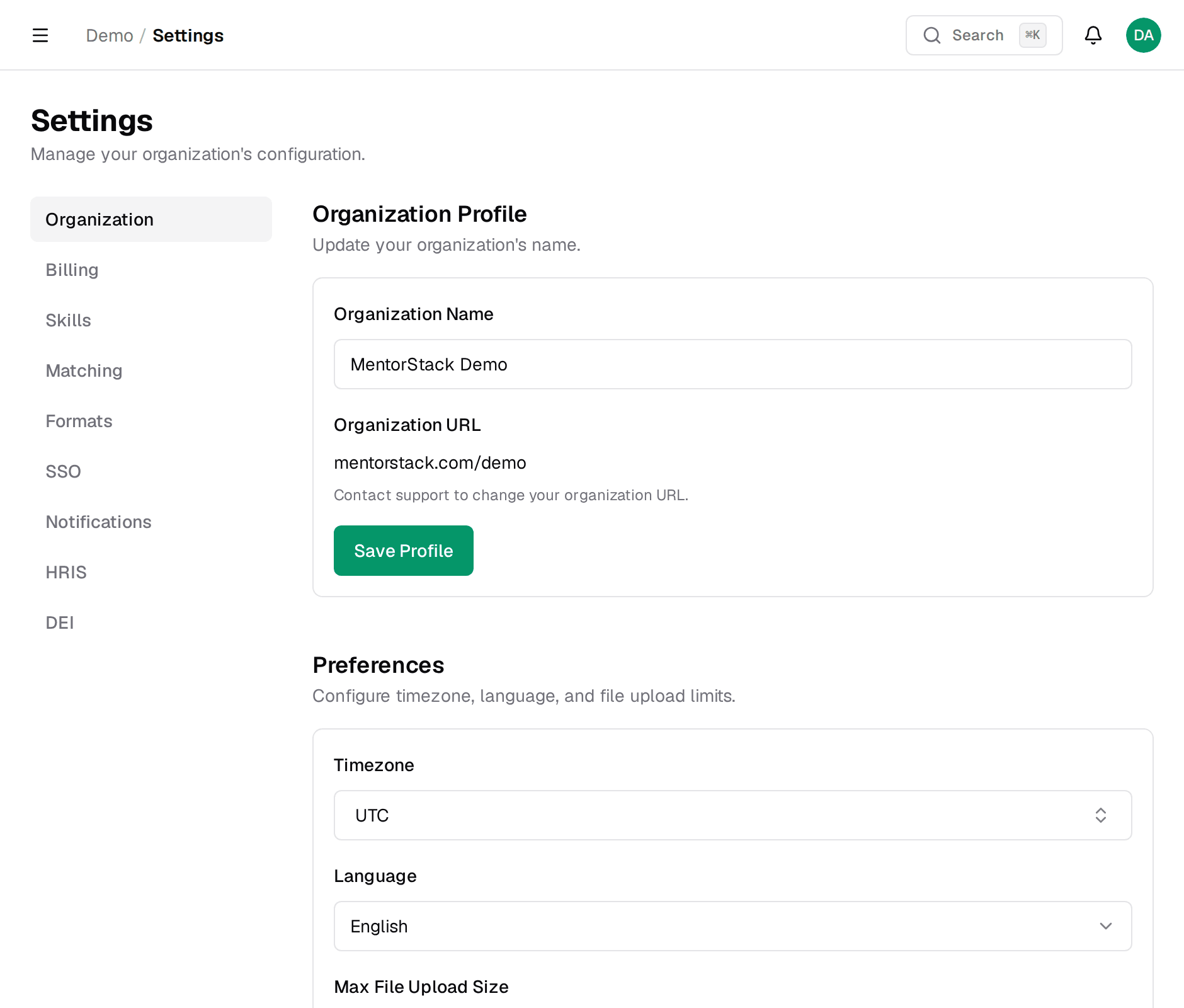 Settings page